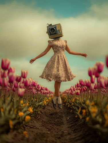 Une femme flottant au milieu des tulipes, la tête en forme d'appareil photo sur But First Framing