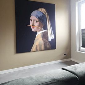 Customer photo: Girl with a Pearl Earring with a pencil under her nose by Maarten Knops, on artframe