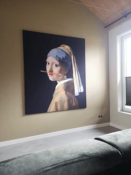 Customer photo: Girl with a Pearl Earring with a pencil under her nose by Maarten Knops