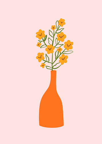Gelbe Blumen in einer orangefarbenen Vase | Minimalistische botanische Illustration