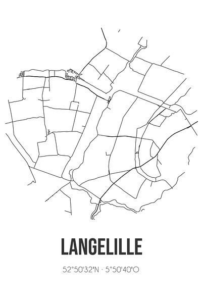 Langelille (Fryslan) | Map | Black and white by Prints of Place