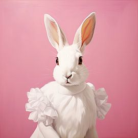 Portrait of rabbit in white party dress