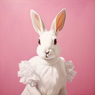 Portret konijn in witte feestjurk konijnenportret kunst print van Vlindertuin Art