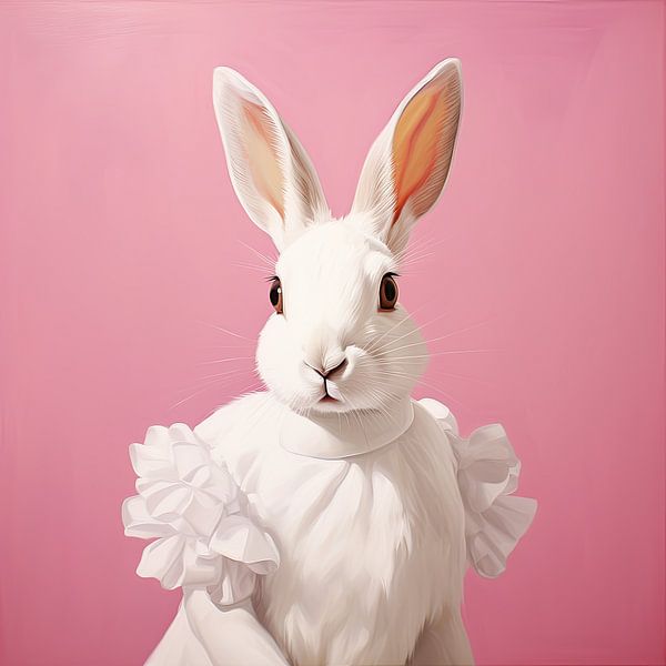 Portrait of rabbit in white party dress by Vlindertuin-Art