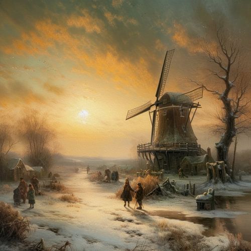 Dutch winter landscape painting with windmill