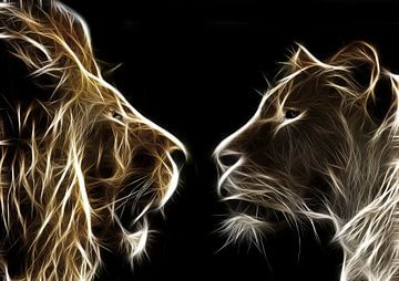 Löwe und Löwin in 3D-Streifen und Linien