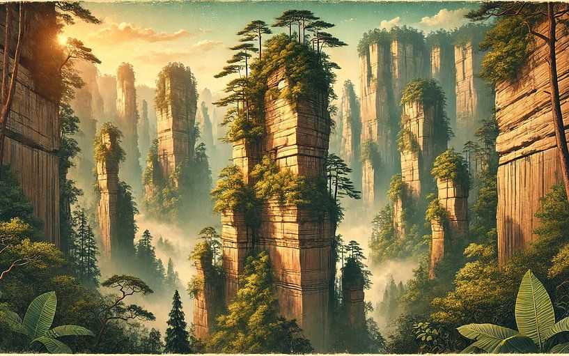 Poster vintage de Chine, Zhangjiajie Stone Pillars par Chromatic Fusion Studio