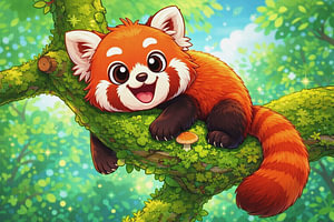 Rode panda op een mosrijke tak
