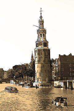 PentekeningAmstel Montelbaanstoren Amsterdam Nederland Tekening Lijntekening Oud