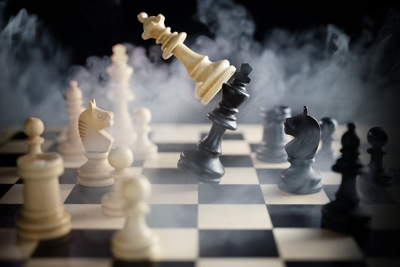 chess queen beats king between other pieces on the chessboard, much smoke over the battle,  against  by Maren Winter