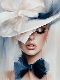 Portrait moderne en blanc et bleu, la dame au chapeau sur Carla Van Iersel