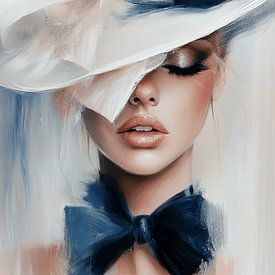 Modern portret in wit en blauw, de dame met de hoed van Carla Van Iersel