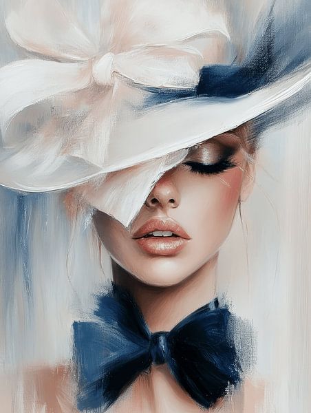 Modern portrait in white and blue, the lady with the hat by Carla Van Iersel