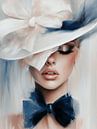 Modern portrait in white and blue, the lady with the hat by Carla Van Iersel thumbnail
