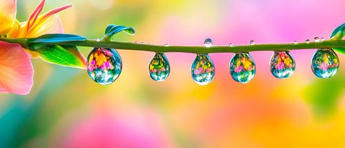 Waterdruppels met bloemreflecties