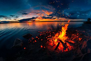 Fire by the lake at sunset by Poster Art Shop