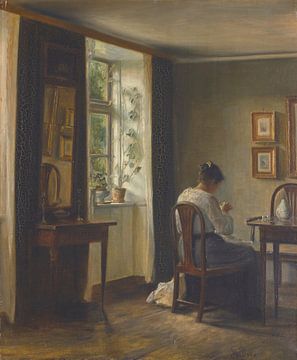 Naaister naait in een interieur, Carl Holsøe