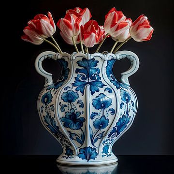 Red tulips in delft blue vase against black background