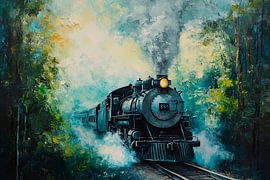 Locomotive à vapeur dans la forêt nuageuse sur Poster Art Shop