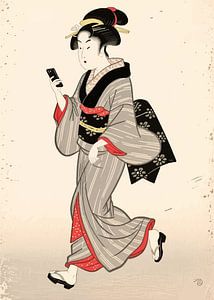Ukiyo-e Comedy Poster - Geisha geht während Texting Meme Kunst