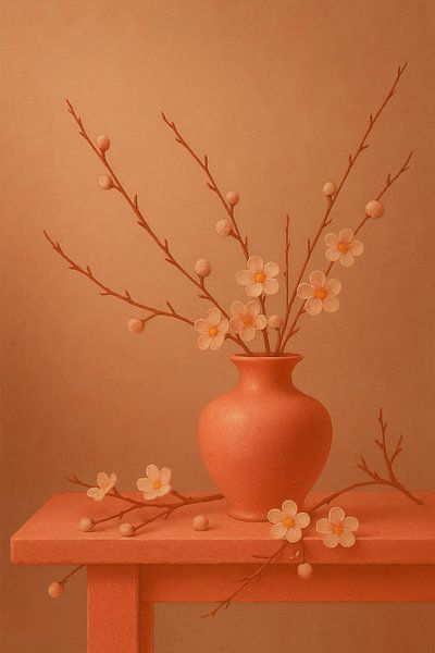 Fire Soft Blossom - Orangefarbene Vase mit heller Blüte von Kleurenrijk