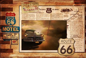 Oud reclamebord route 66 met Pontiac Chieftain