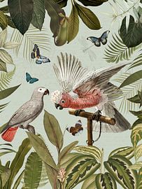 Des perroquets tropicaux nostalgiques se battent dans un paysage de jungle 1 sur Floral Abstractions