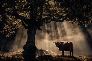 Schottischer Highlander unter einem Baum