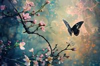 butterfly with pink blossom branch