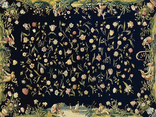 Tafelkleed met de vier elementen en een strooibloemenmotief, anoniem, ca. 1650