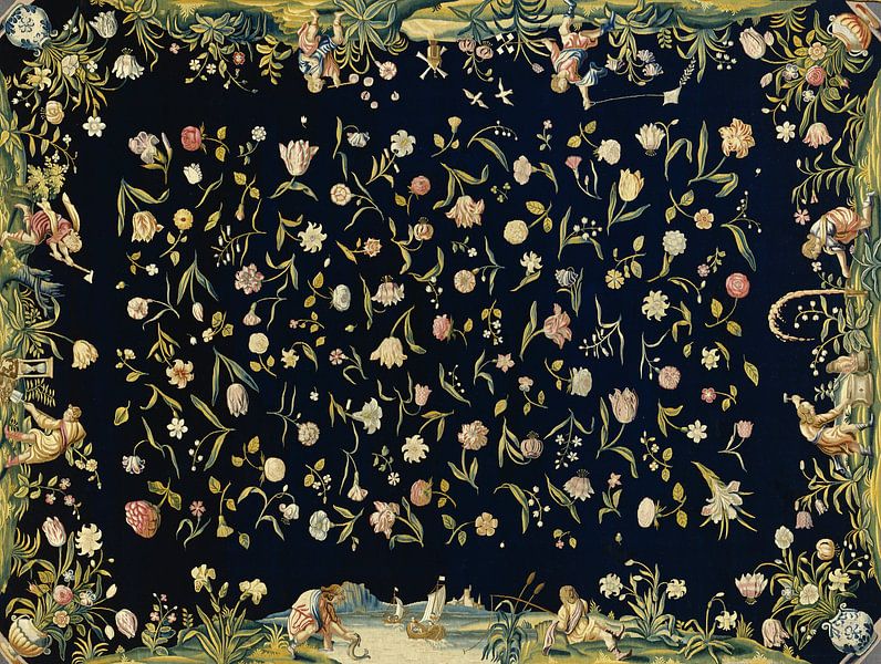 Tafelkleed met de vier elementen en een strooibloemenmotief, anoniem, ca. 1650 van Meesterlijcke Meesters