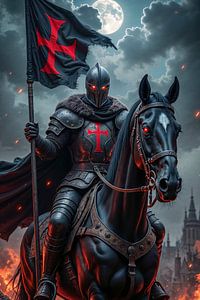 Dark Fantasy Wandbild: NOCTEMPLAR - Ein schwarzer Kreuzritter auf seinem Pferd