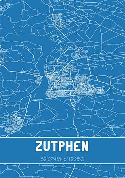 Blauwdruk | Landkaart | Zutphen (Gelderland) van MijnStadsPoster