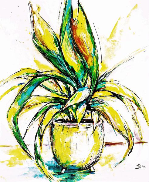 Flower pot with plant (1) Hand-painted by Ineke de Rijk
