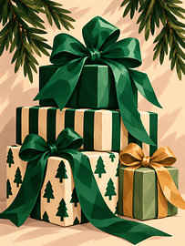 Green Wrapped Christmas Gifts with Ribbons by Mosaic Dialogue