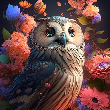 hibou avec des fleurs sur Gelissen Artworks