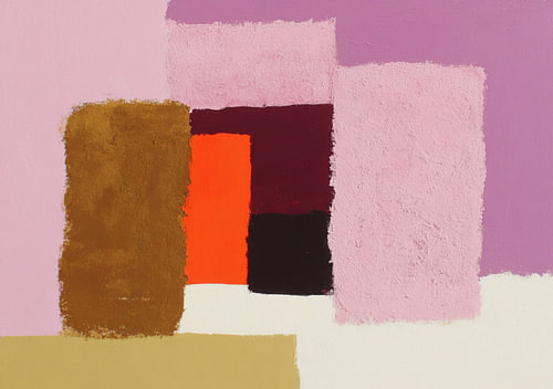 Abstracte compositie met blokken in roze, oranje en bruin