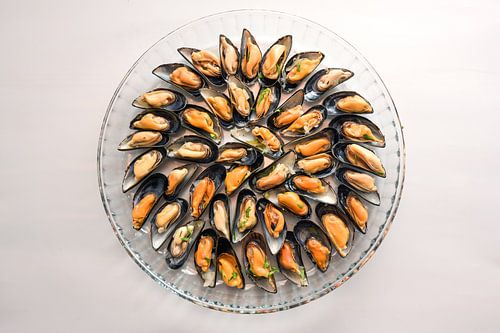 Mussels cooked with onion and herbs served on a round glass plate, gray background with copy space, 