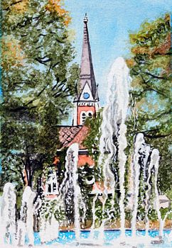 Kerk in het stadspark met waterpartijen, Villach