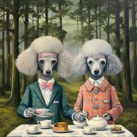 Portrait of two poodles drinking tea in the forest