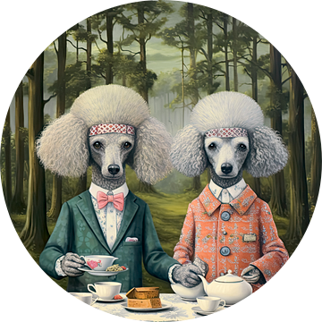 Portret van twee poedels die theedrinken in het bos van Vlindertuin Art