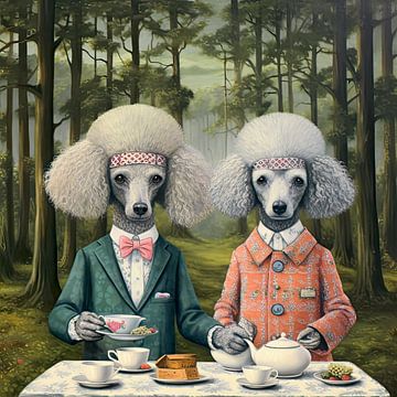 Portrait of two poodles drinking tea in the forest by Vlindertuin Art