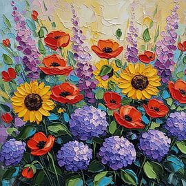 Strukturierte Blumenwiese: Lebendige Mohnblumen, Sonnenblumen und Hortensien mit Impasto-Palettenmesser von Artistic