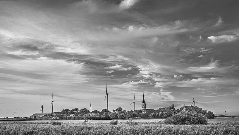 View of the Frisian IJsselmeer village of Cornwerd in black and white by Harrie Muis