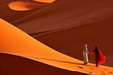 Hot Desert Romance - Marche des nomades au coucher du soleil sur Karina Brouwer