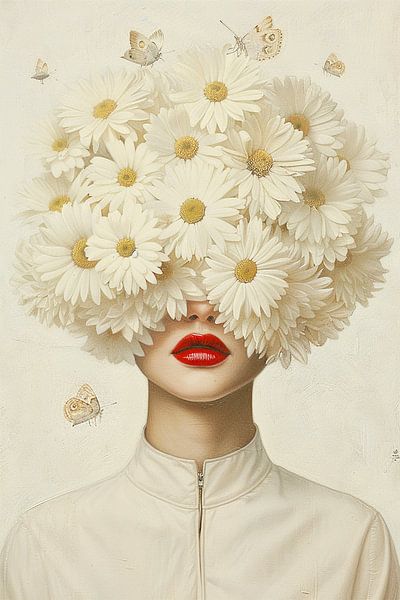 Woman with daisies and red lips | surreal floral portrait by Marijke Trienekens