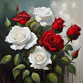 Contrastes romantiques – Roses rouges et blanches à l'huile