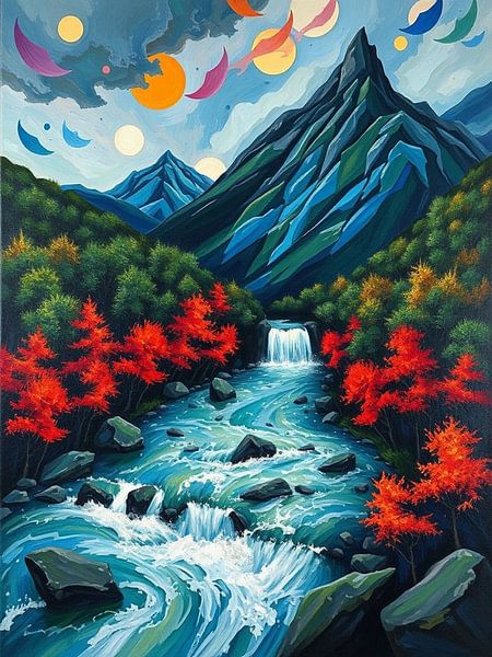 Vibrant Mountain Serenity : Un paysage dynamique d'eaux vives, d'arbres d'automne flamboyants et de croissants célestes par Artistic