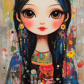 Fille aux grands yeux | Art coloré de filles en forme de poupées sur Peintures accrocheuses