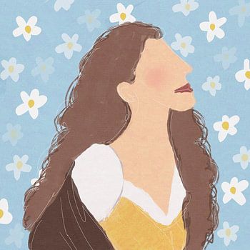 Ölgemälde eines lockigen Mädchens mit floralem Hintergrund